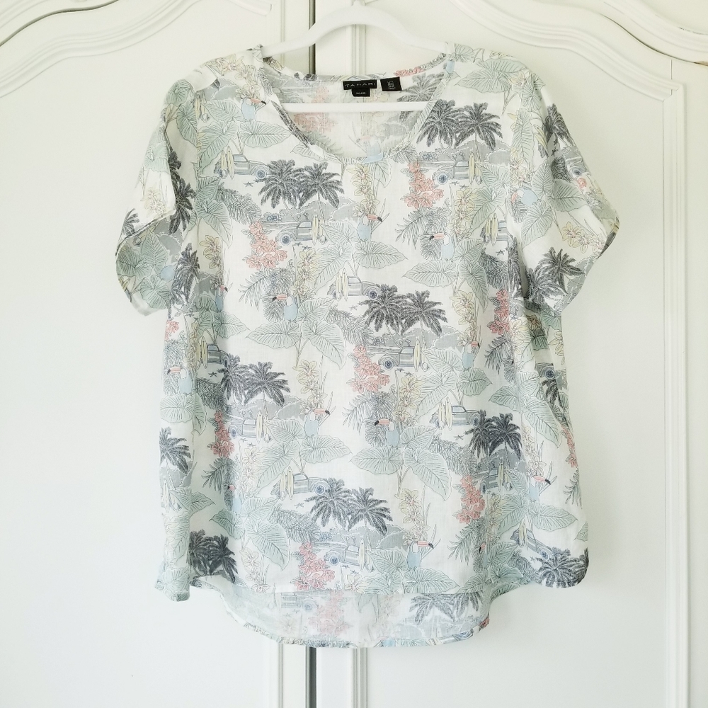 Tahari Linen Tropical Vacation Theme Short Sleeve Pullover Top 1X